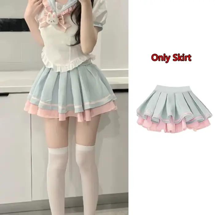 Ensemble jupe Style doux Y2k, nœud papillon, col Peter Pan, haut, jupe bouffante taille haute, ensem