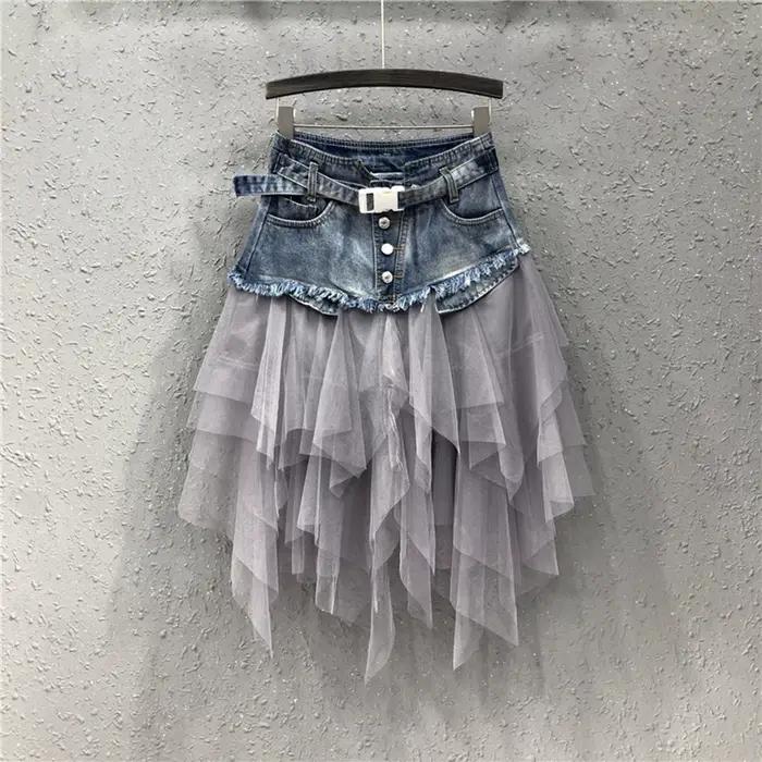 Punk femmes Denim jupes maille Patchwork Jean jupe Y2K taille haute une ligne asymétrique Tulle jupe