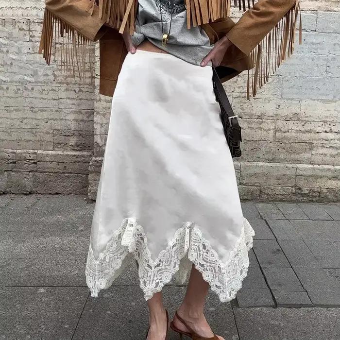 Jupe trapèze en Satin avec ourlet en dentelle, couleur unie, longueur mi-mollet, élégante, tenue de 