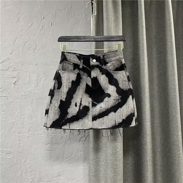 Jupe courte en denim à motif personnalisé, jupe trapèze frangée, jupe taille haute, mode polyvalente