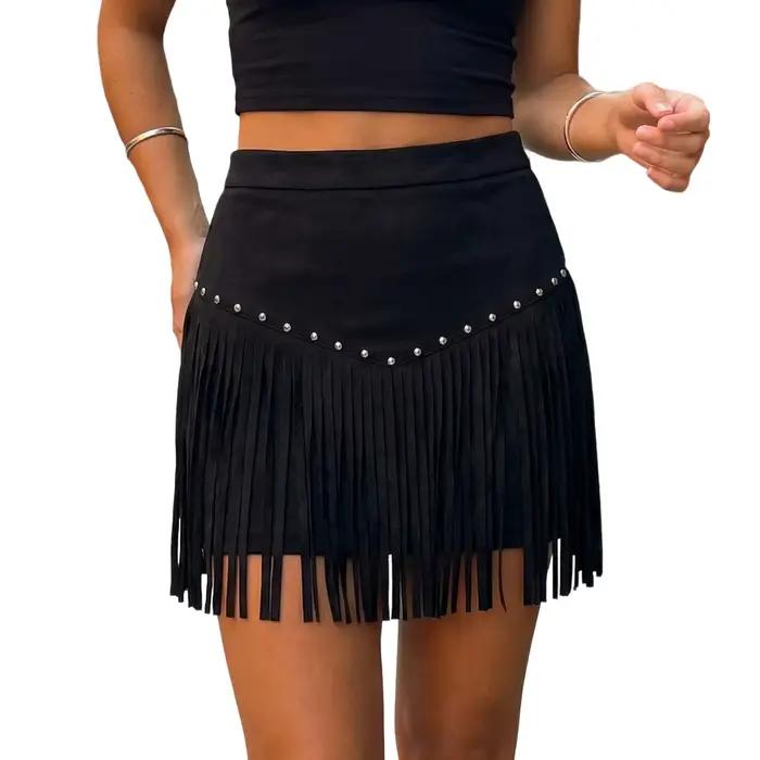 Jupe Courte Femme Style Western à Pompons, Élégante et Tendance, Couleur Unie, Taille Haute, Idéale 
