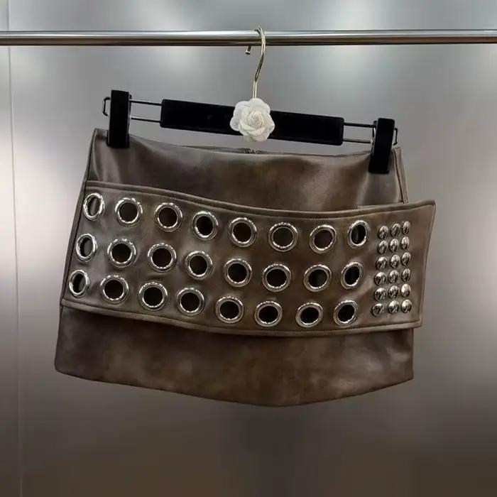 KUCLUT 2026 printemps anneau en métal boucle décorée jupe en cuir PU pour les femmes taille basse Ri