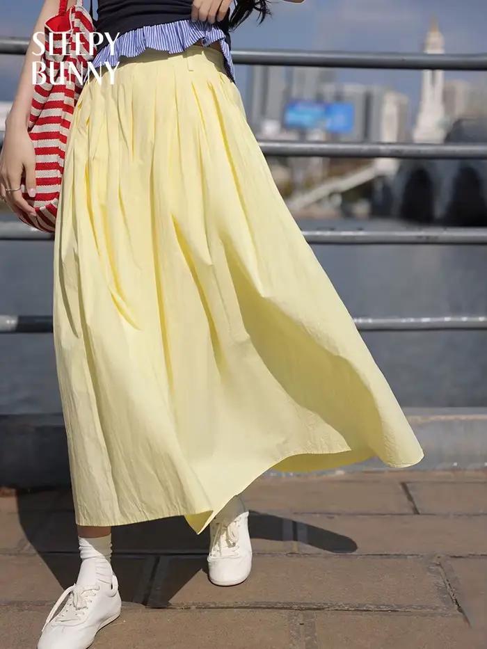 Femmes taille haute élastique a-ligne jupe Midi été fluide jupe légère Petite amicale décontracté Ch