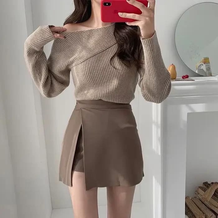 Mini jupes pour femmes, irrégulières, couleur unie, fente latérale, extensible, style coréen, chimch