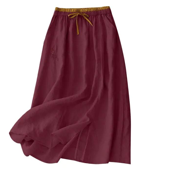 Jupe longue en coton et lin pour femme, taille élastique, style Harajuku, couleur unie, coupe évasée