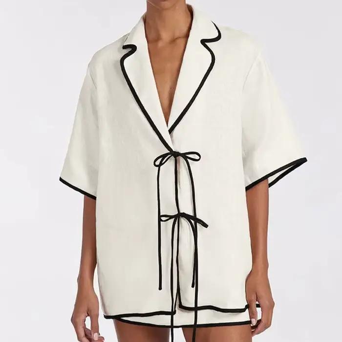 Été ample Beige coton 2 pièces ensembles femmes tenue 2025 décontracté demi manches chemise avec tai