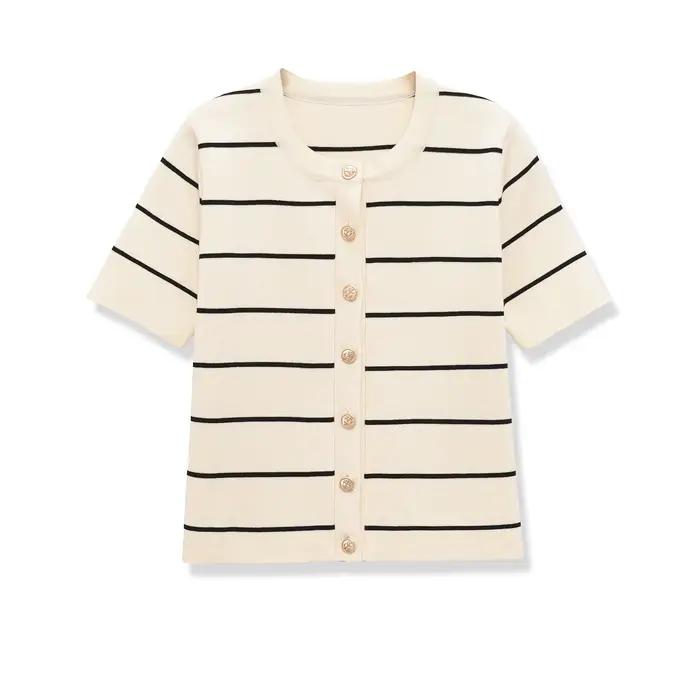Ensemble jupe mi-longue rayée en tricot décontracté pour femme, col rond chic, manches courtes bouto