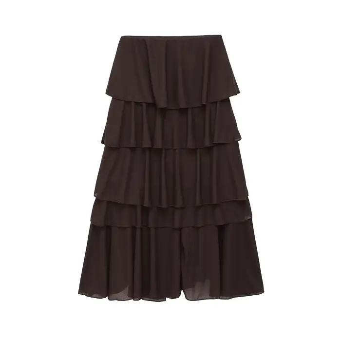 Jupe longue fluide mi-longue à volants étagés pour femme ETJ, ourlet asymétrique, collection Printem