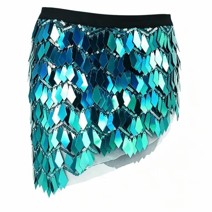 Mini-jupe holographique à sequins, style portefeuille, avec lacets, pour danse du ventre, longueur m