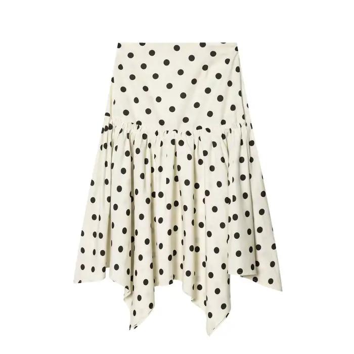Jupe midi élégante à pois pour femme HH, taille haute, ourlet irrégulier, fluide et volantée, idéale