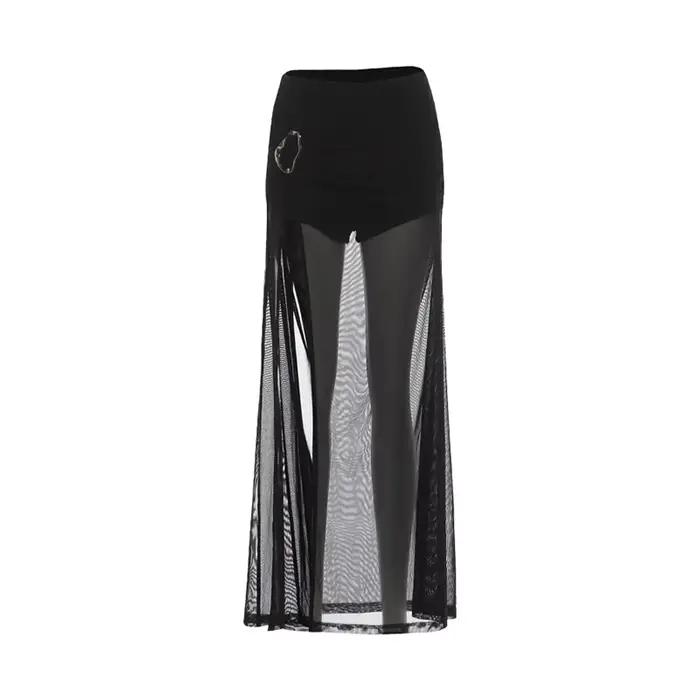 Jupe longue transparente tendance Y2K Grunge, style patchwork en maille, ourlet plissé, fente, moula