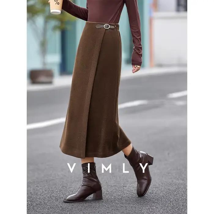 Jupe mi-longue marron portefeuille VIMLY pour femme, collection automne 2026, taille haute vintage, 