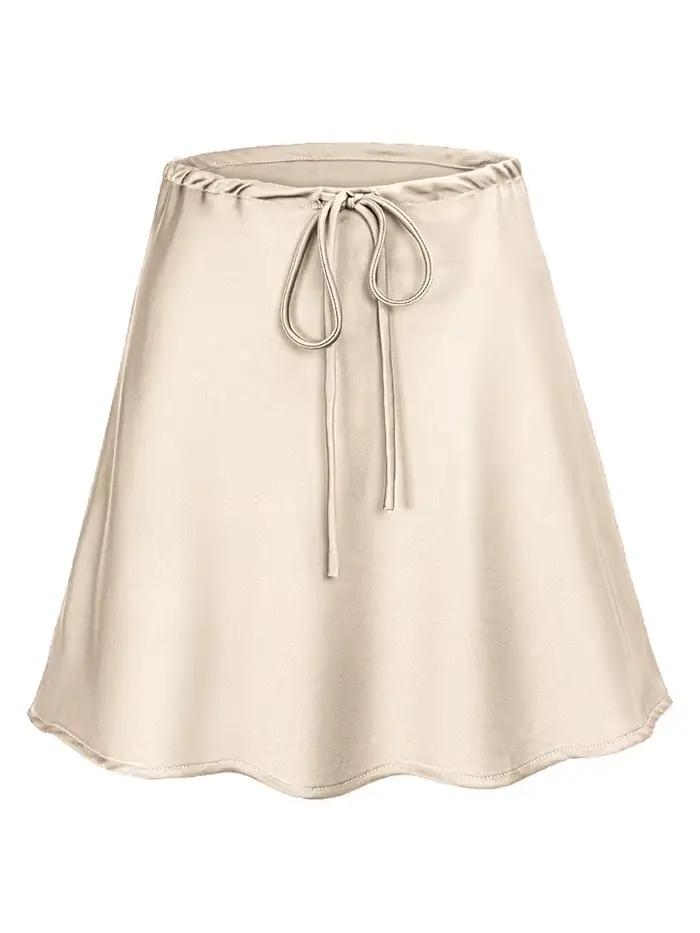 Mini-jupes en satin pour femme, été, beige, en soie, taille haute avec cordon de serrage, jupe court