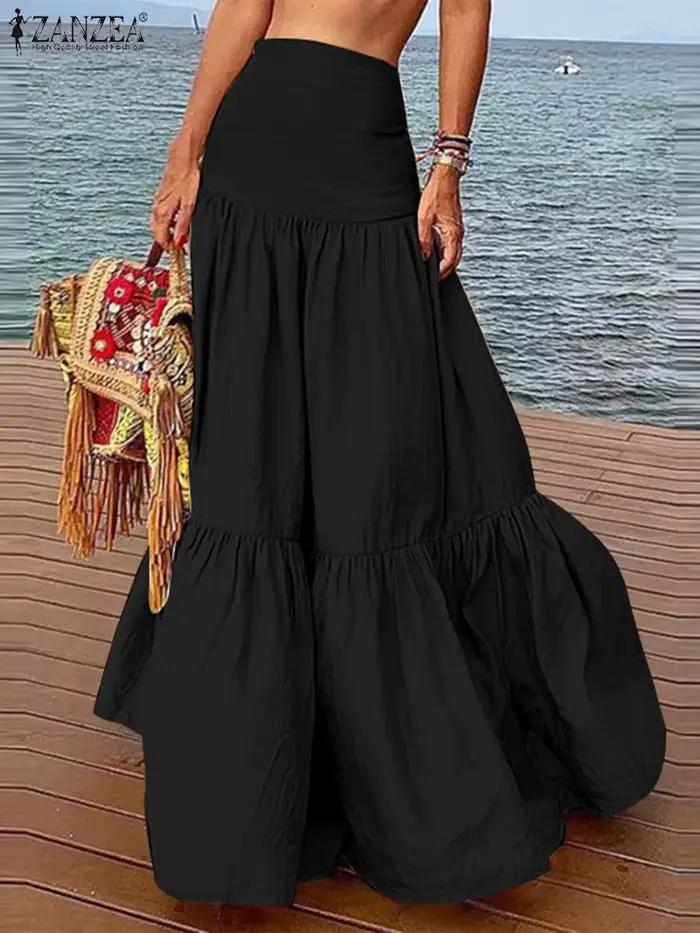 ZANZEA-Jupe de Plage Décontractée à Plis pour Femme, Couleur Unie, Maxi, Mode Multicouche, Taille Ha