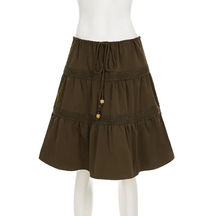 SUCHCUTE Vintage a-ligne perlée cravate-taille tissé jupe pour femme Chic marron dentelle conception