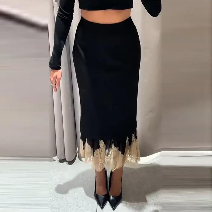 Jupe mi-longue noire pour femmes, ourlet en dentelle, ligne a, taille haute, Slim, printemps-automne