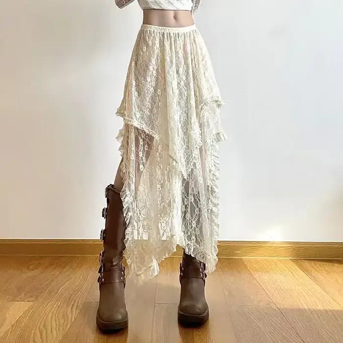 Jupe en dentelle taille haute pour femmes, jupes mi-longues, tenues de vacances pour dames, mode est