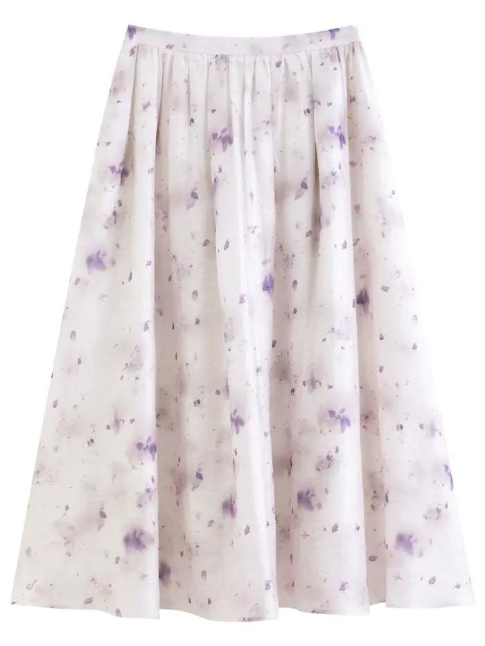 Jupe midi évasée tie-dye lilas FSLE 2026 pour femme, taille haute et tombé fluide, idéale pour les v