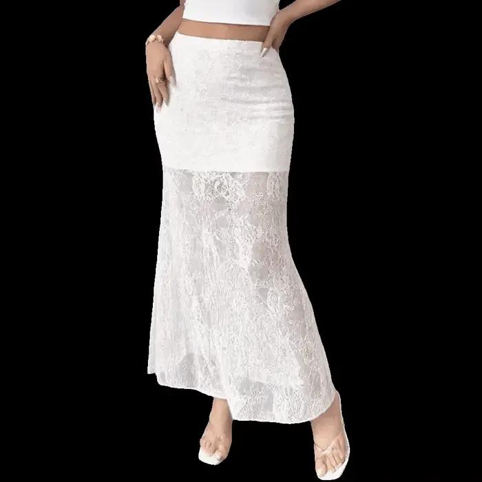 Jupe mi-longue en dentelle transparente à taille haute, coupe ajustée, élégante, patchwork, pour soi