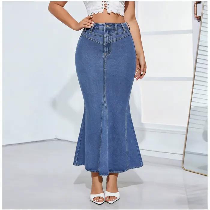 Jupe longue en denim bleu à volants, coupe sirène, élastique et fine, ajustée aux hanches, pour femm