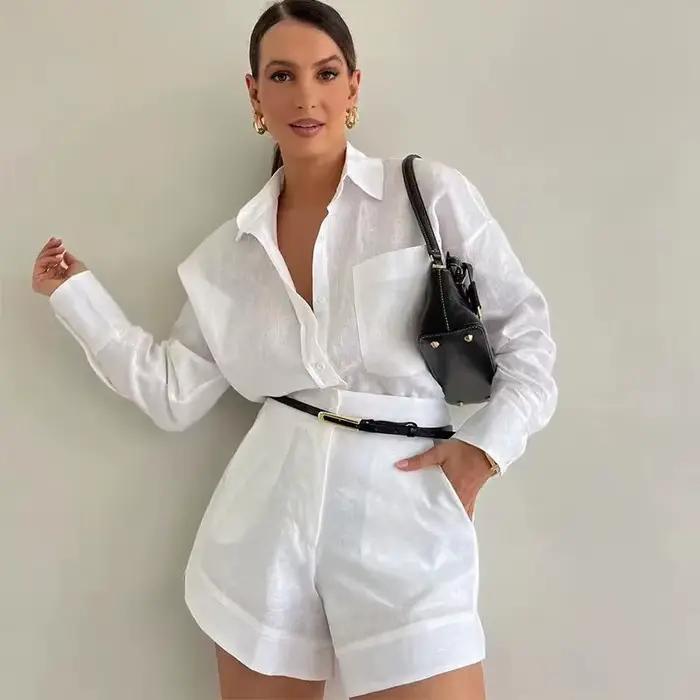 Ensemble 2 pièces à manches longues pour femmes, décontracté, boutons, détail, short, haut, mode d'é
