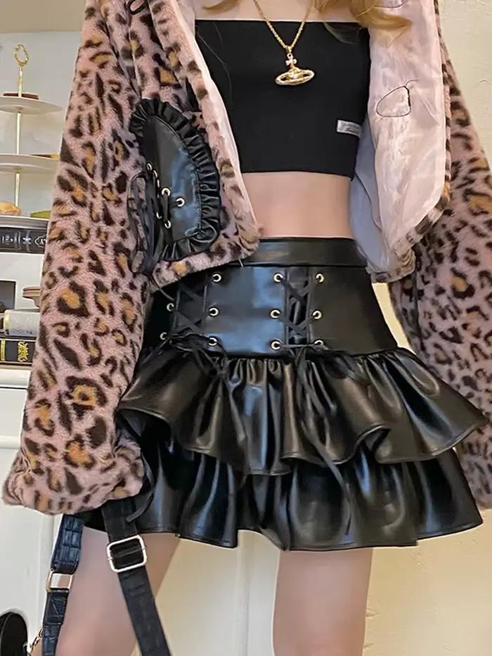 Jupe courte en cuir noir à lacets Lautaro pour femme, taille haute, mini-jupe à volants superposés, 