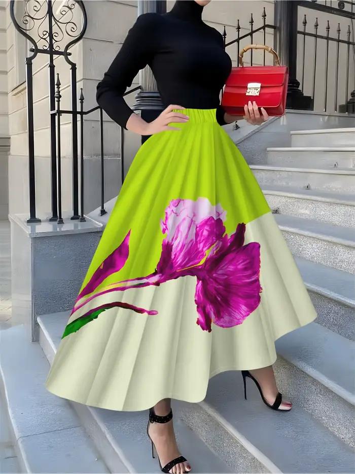 Jupe midi à imprimé floral pour femme, jupe décontractée de style A-line, taille haute, taille élast