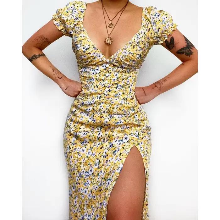 Robe midi à imprimé floral doux, col en V, jupe trapèze à imprimé numérique, manches courtes, taille