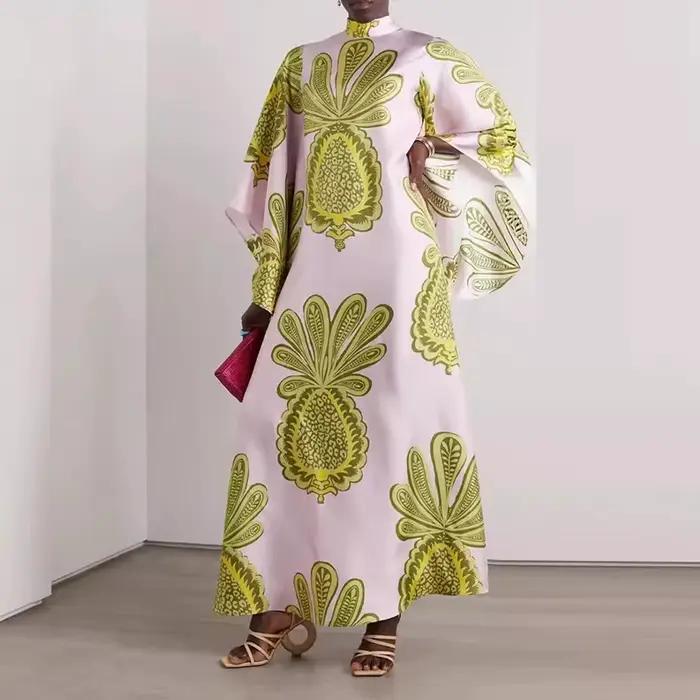 Robe longue ethnique rétro imprimée style Boho pour femmes, Sexy, col montant, à lacets, robe de soi
