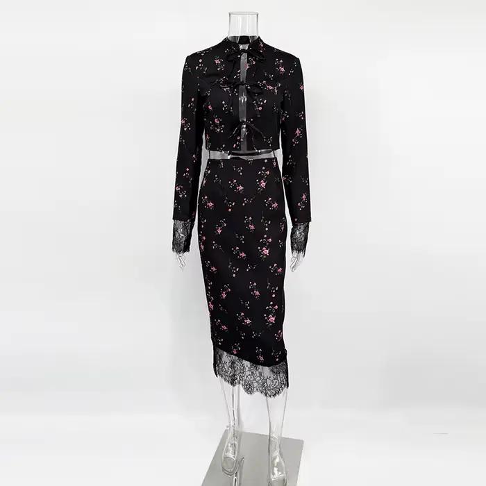 Ensemble jupe imprimée 2 pièces pour femmes, élégant, dentelle florale, à lacets, manches longues, C