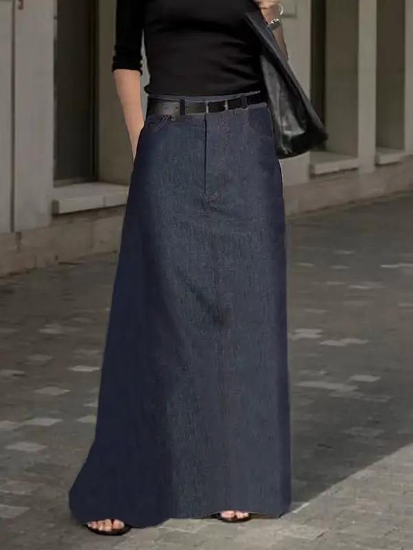 Lemongor femme élégant Imitation Denim a-ligne taille haute jupes longues 2024 nouveau printemps été