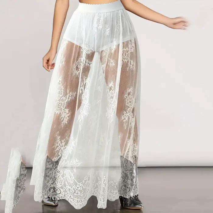 Femmes dentelle jupe taille élastique asymétrique ourlet irrégulier dentelle ourlet fleuri Mini jupe