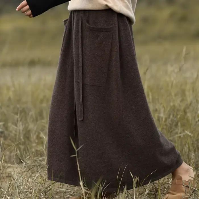 Jupe en laine mérinos pour femme, taille haute, genou, solide, document, mode coréenne, vêtements po