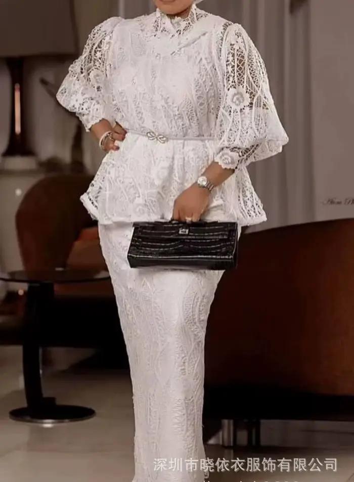Ensemble jupe deux pièces pour femmes, robe à manches bouffantes, hauts en dentelle florale, taille 