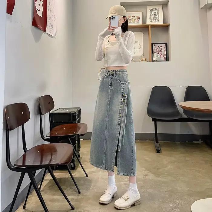 Nouvelle jupe en jean chinoise pour femme, collection Printemps 2026, taille haute, mi-longue, style