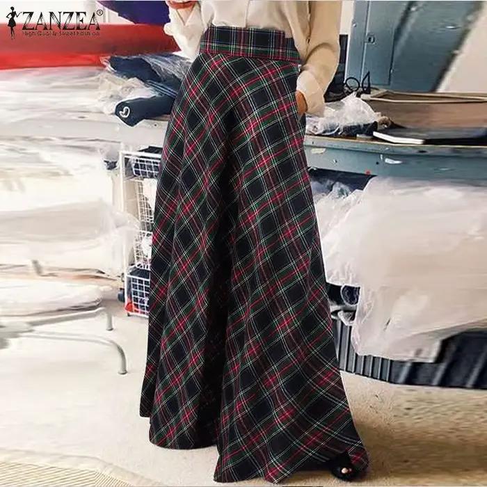 Mode femmes à carreaux Jupe longue Vintage automne Robe d'été ZANZEA décontracté taille haute a-lign