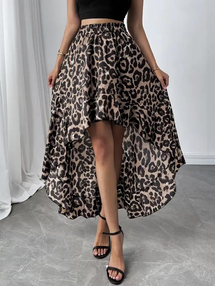 Jupe mi-longue à volants pour femmes, imprimé léopard marron, taille haute, haut-bas, Vintage, Sexy,