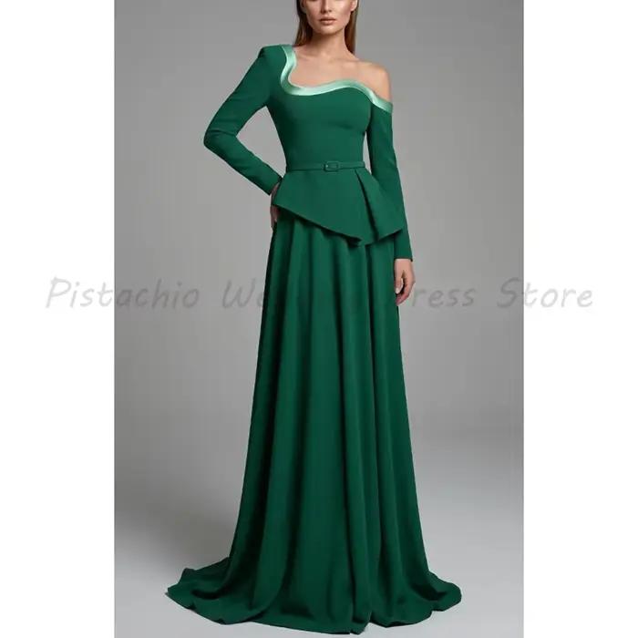Robe de soirée verte asymétrique à manches longues, en satin contrastant, coupe trapèze, longueur ra