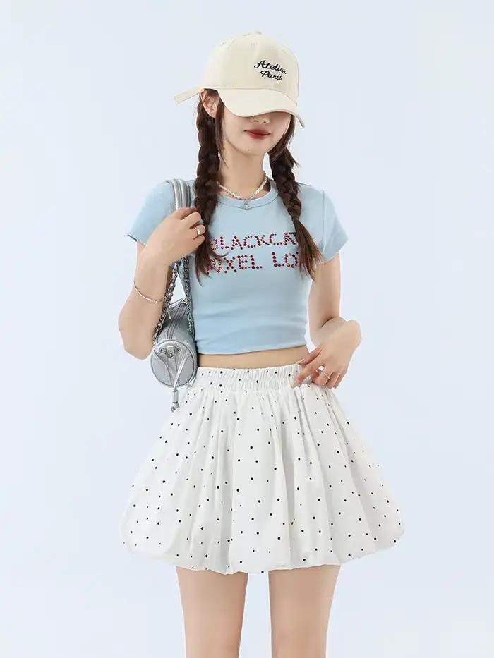 Jupe courte pour femme, blanche à pois, taille haute, coupe trapèze, style évasé, mini-jupe bouffant