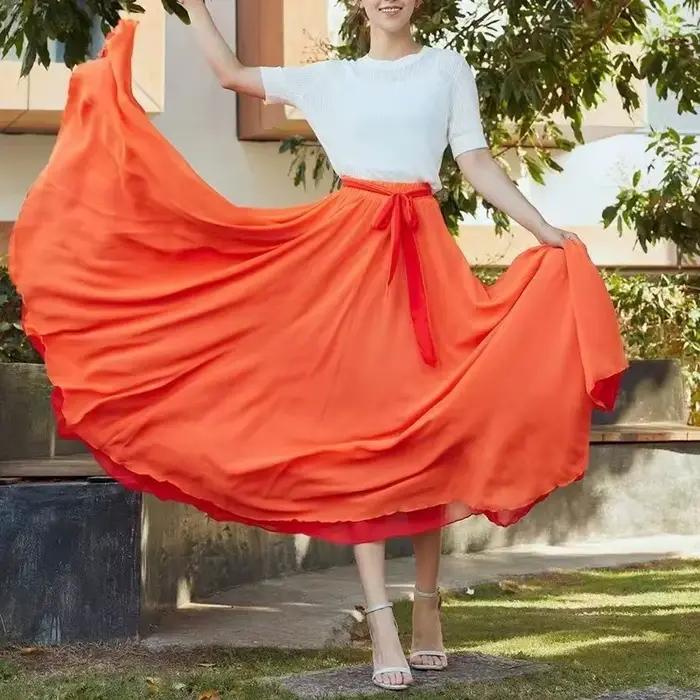 Jupe de danse réversible pour femme, double en mousseline, taille élastique, à lacets, maxi, élégant