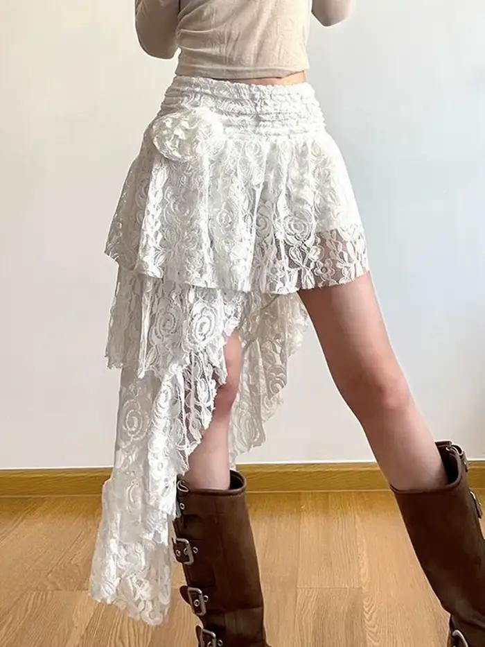 Zoki-Jupe en dentelle douce bohème pour femme, jupes trapèze, jupe taille haute irrégulière, élégant