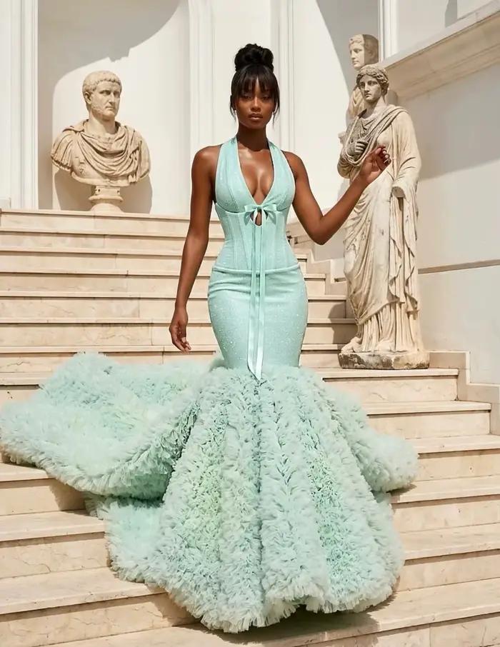 Robes de bal longues turquoise, col halter, volants, robe de soirée longue, Arabie Saoudite, Dubaï, 