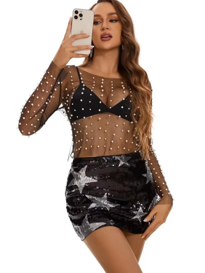 Jupe gothique à paillettes pour femmes, étoile à cinq branches, bras Y2K, courte, chaude, chérie, bo