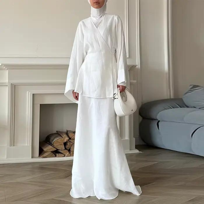Mode col en v à lacets haut jupe femmes ensemble élégant solide longue chemise sans manches solide j