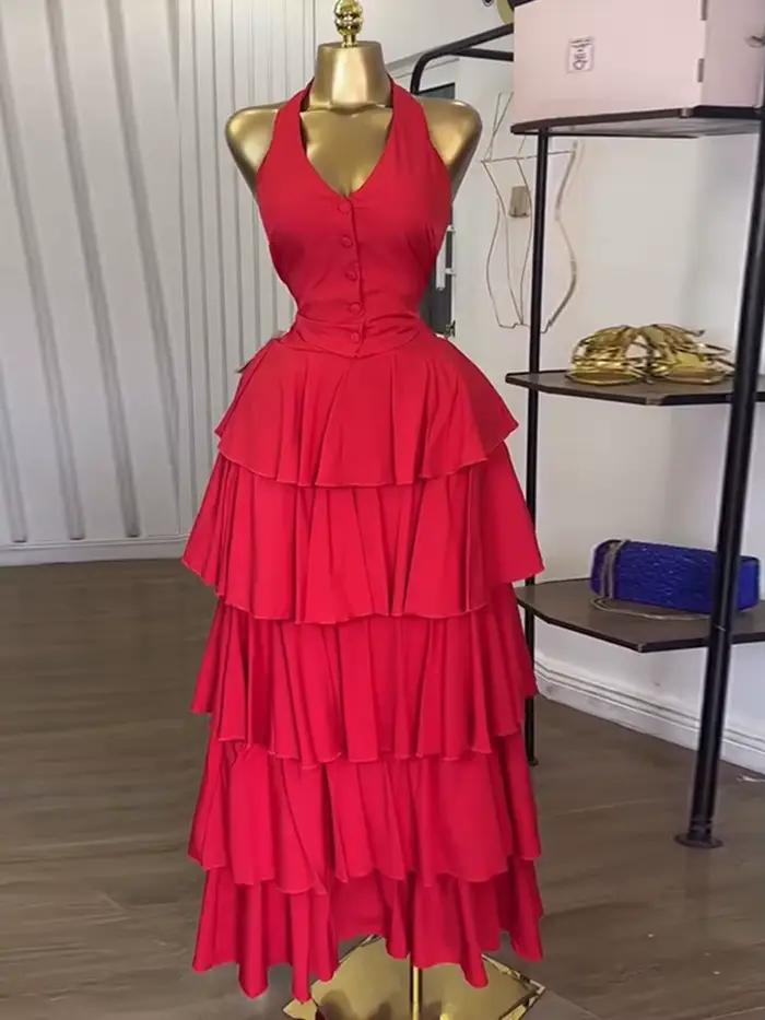 Ensemble jupe d'été 2 pièces pour femme, tenue chic, dos nu, col licou, gilet et robe longue, ensemb