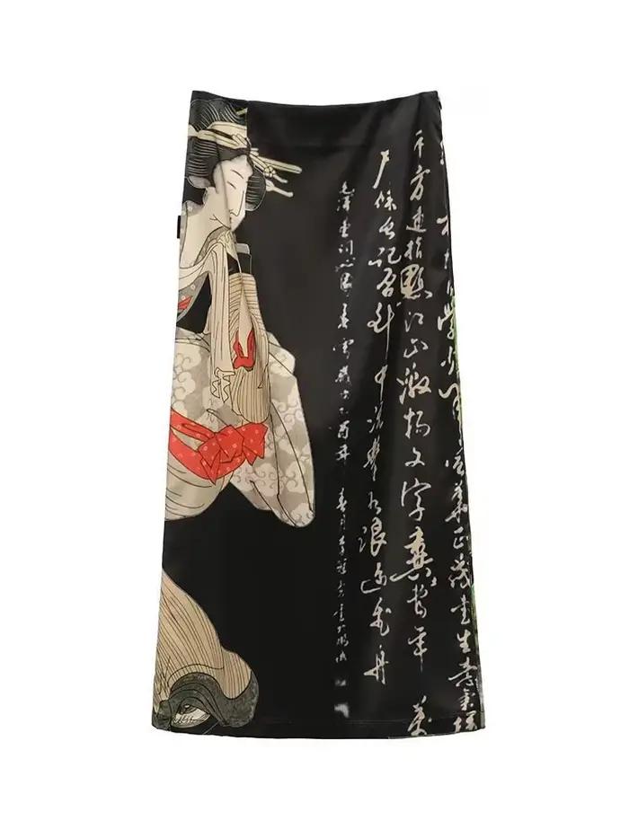 Jupes imprimées noires pour femmes, Style japonais, ligne a, jupe longue fendue, Harajuku, Streetwea