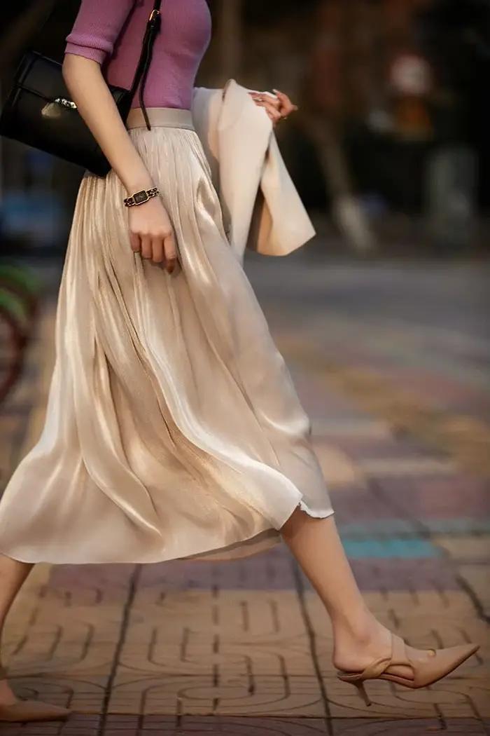 Jupe longue d'été pour femme, taille élastique, élégante, coupe trapèze, en satin et voile, couleur 