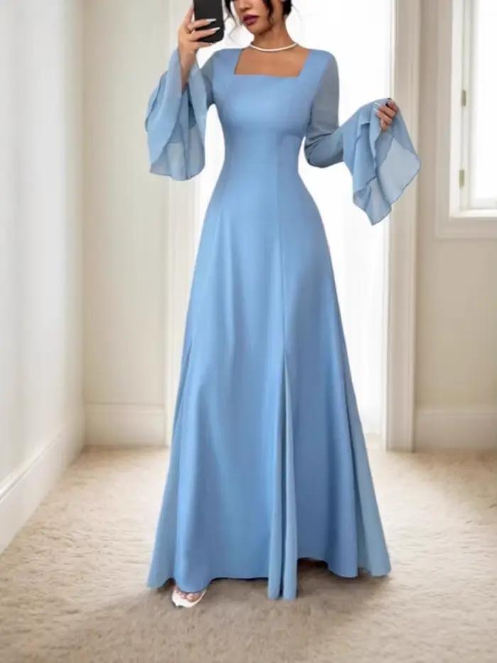 Robes de soirée bleues pour femmes, col carré, haute qualité, longueur ras du sol, traîne, coupe tra