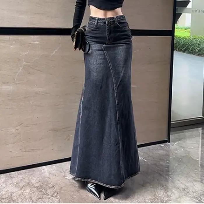 Maxi jupe femmes décontracté sirène Streatwear taille haute fermeture éclair Denim jupes Y2k Streetw