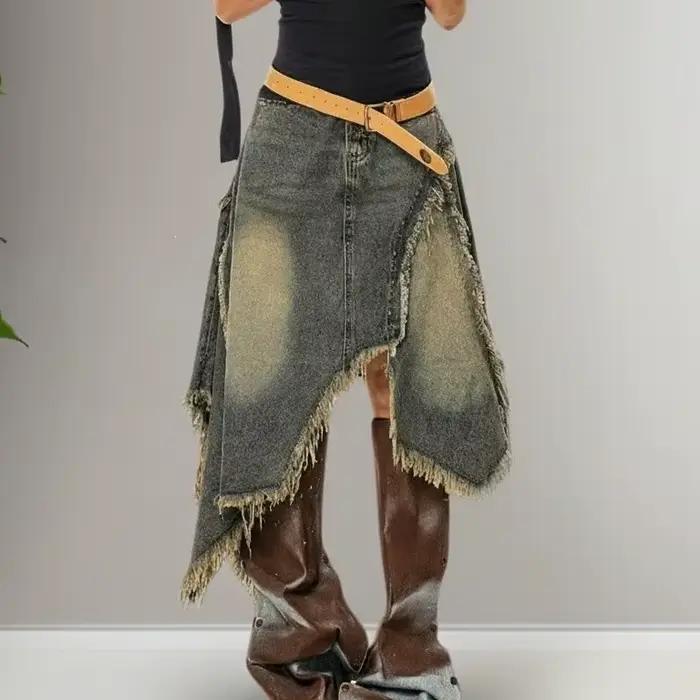 Jupe en jean rétro décontractée avec franges, jupe midi évasée, jupe mini en jean vintage délavé pou